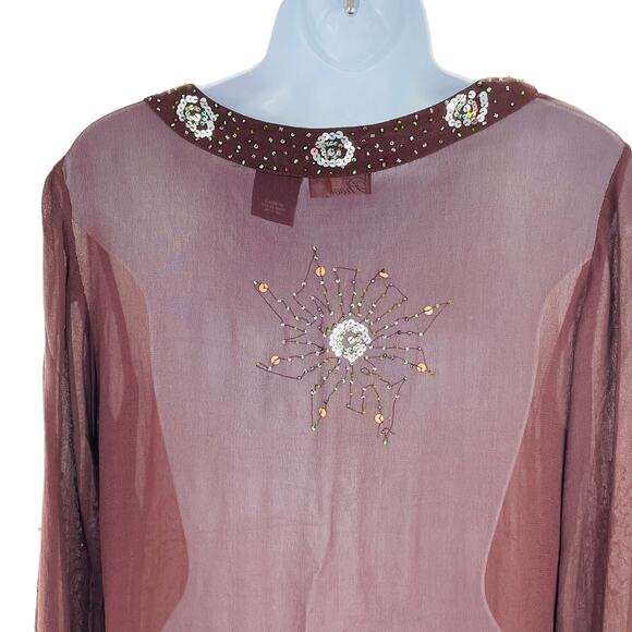Phool Vintage Brown Sheer V-Neck Sequins & Beading Long Sleeve Hippie Boho Top S - Picture 7 of 13
